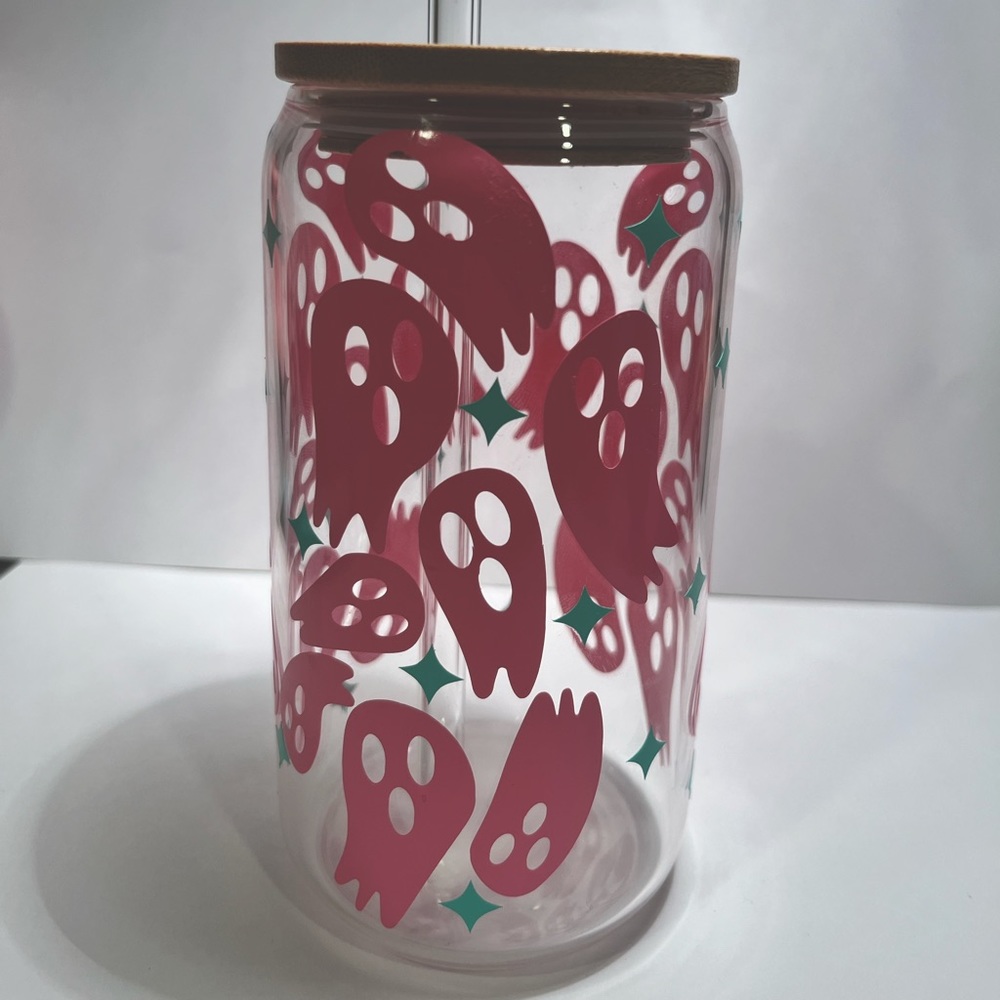 Ghost glass cup with bamboo lid and glass straw!